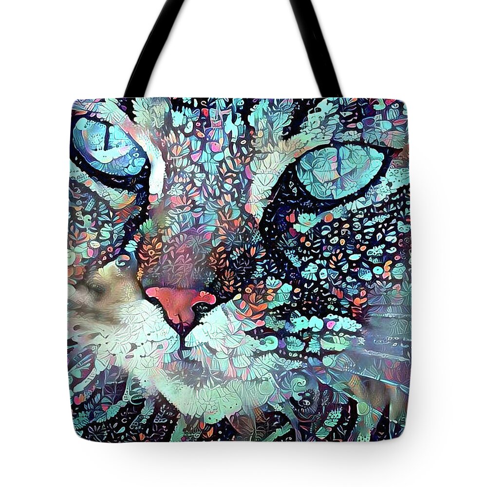Cat Face Tote Bag featuring the digital art Colorful Flower Cat Art - A Cat Called Blue by Peggy Collins