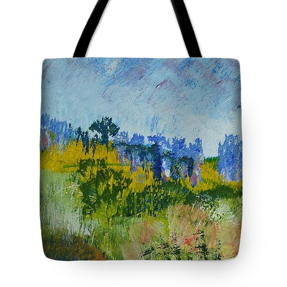 Darmouth Tote Bag featuring the painting Colorful Forest on Cliffs near the Sea in Dartmouth Devon by Mike Jory