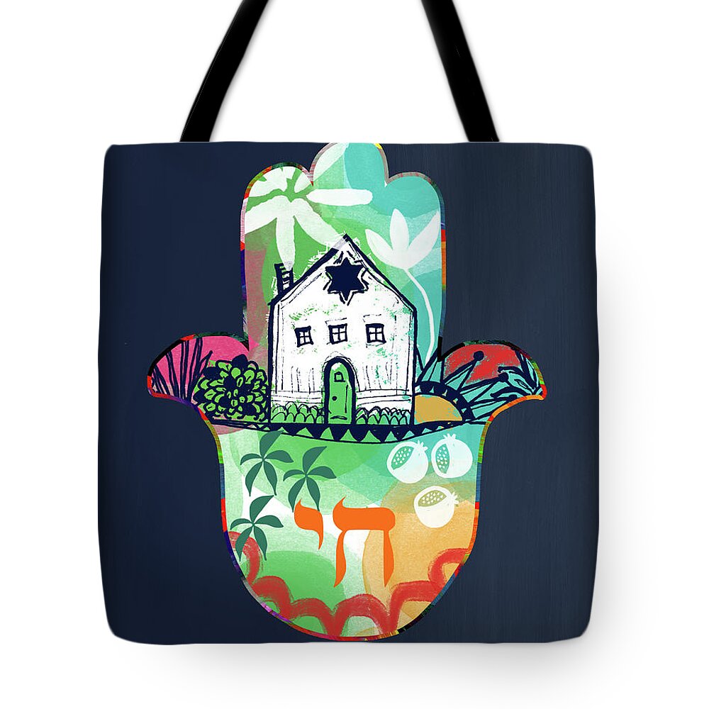 Hamsa Tote Bag featuring the mixed media Colorful Home Hamsa- Art by Linda Woods by Linda Woods