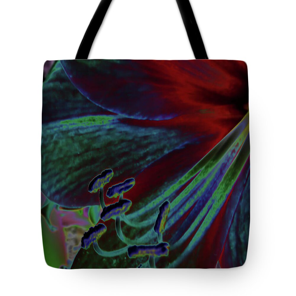 Amaryllis Tote Bag featuring the digital art Colorful Neon Amaryllis by D Hackett