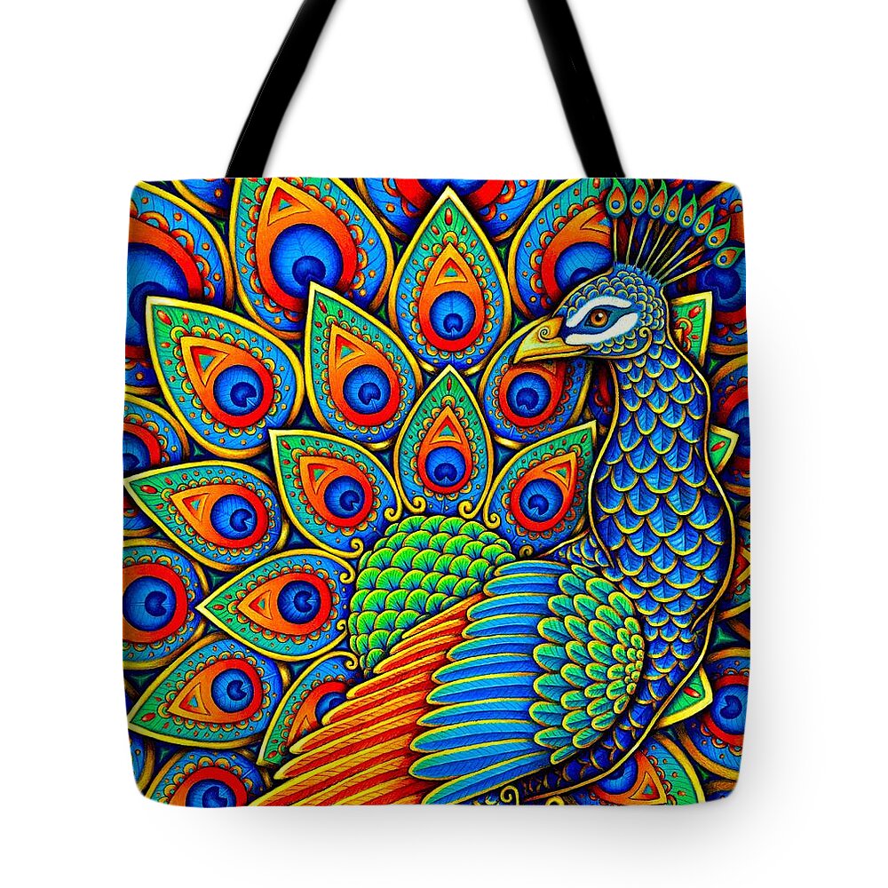 Peacock Tote Bag featuring the drawing Colorful Paisley Peacock by Rebecca Wang