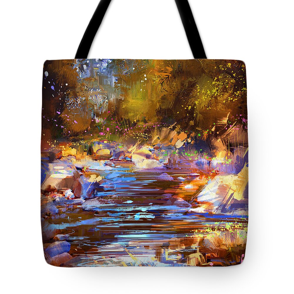 Abstract Tote Bag featuring the painting Colorful River by Tithi Luadthong