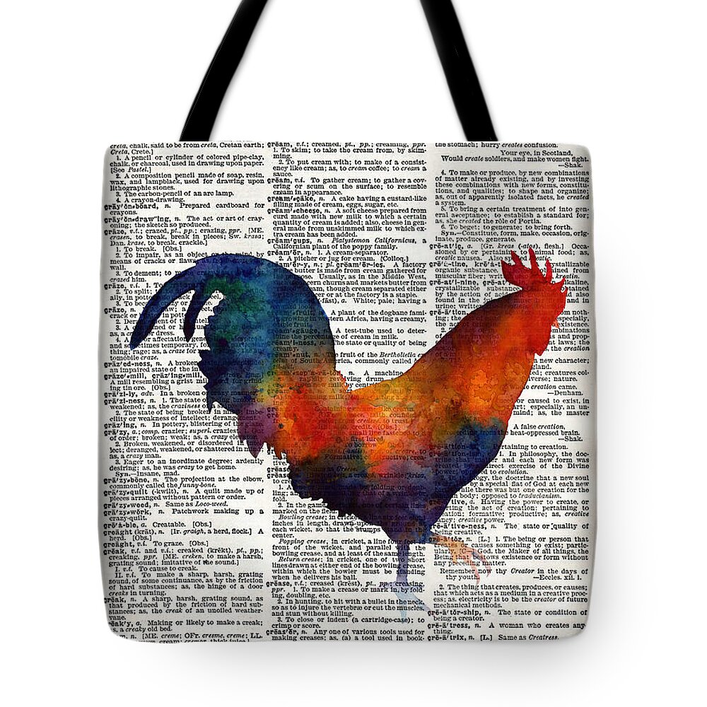 Rooster Tote Bag featuring the painting Colorful Rooster on Vintage Dictionary by Hailey E Herrera