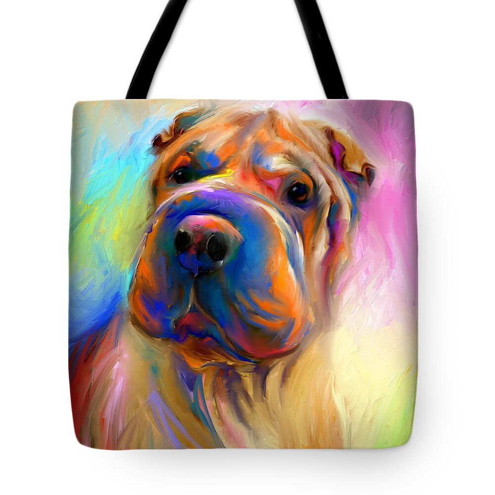 Chinese Shar Pei Dog Tote Bag featuring the painting Colorful Shar Pei Dog portrait painting by Svetlana Novikova