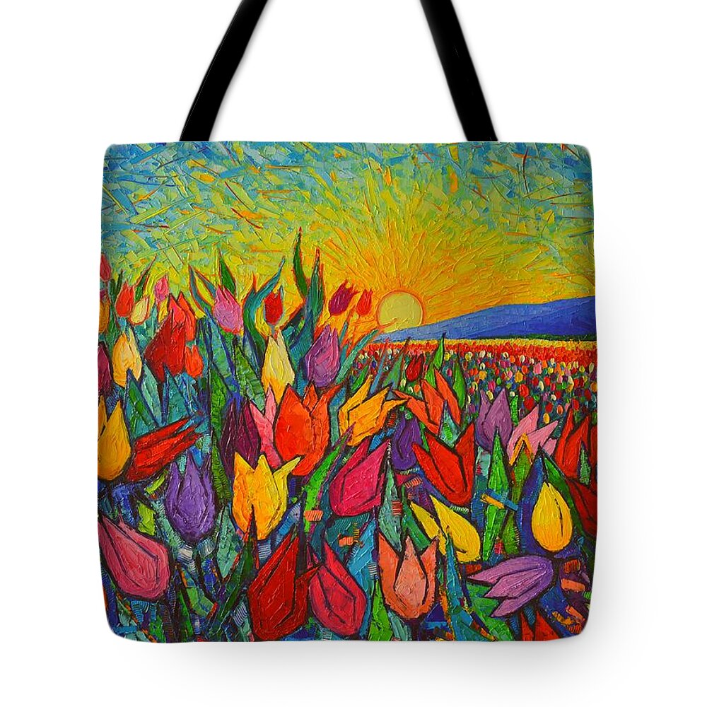 Tulip Tote Bag featuring the painting Colorful Tulips Field Sunrise - Abstract Impressionist Palette Knife Painting By Ana Maria Edulescu by Ana Maria Edulescu