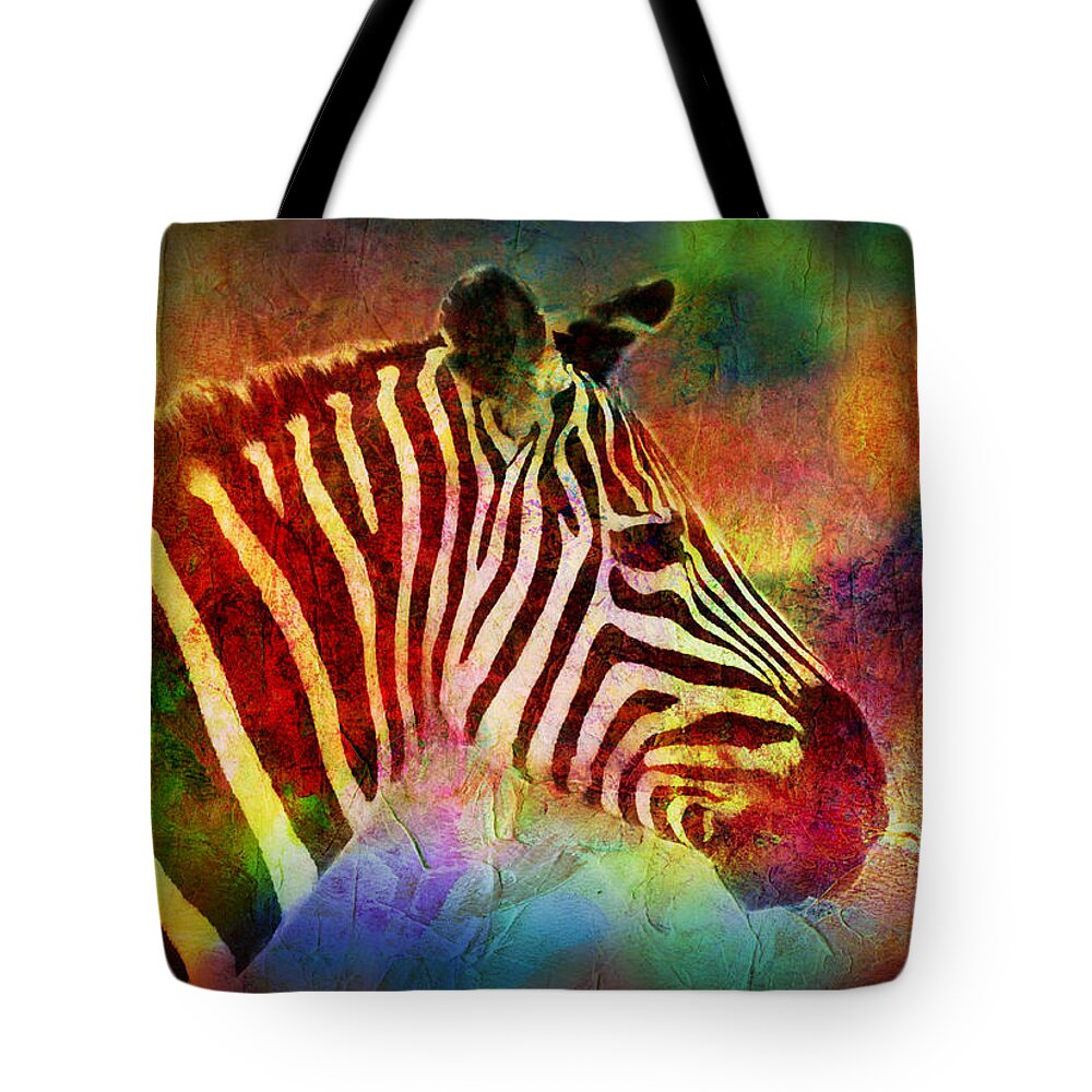Colorful Tote Bag featuring the painting Colorful Zebra by Lilia D