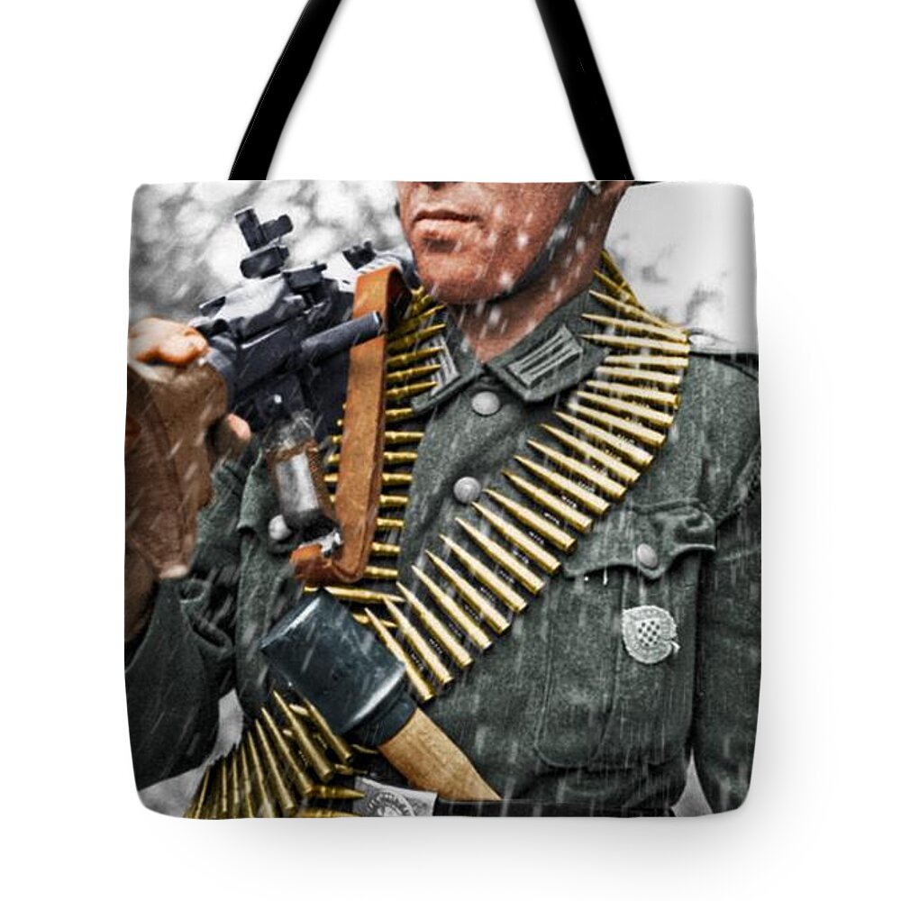 Germany Ww2 Tote Bag featuring the digital art Colorized WW2 German MG'er by John Wills