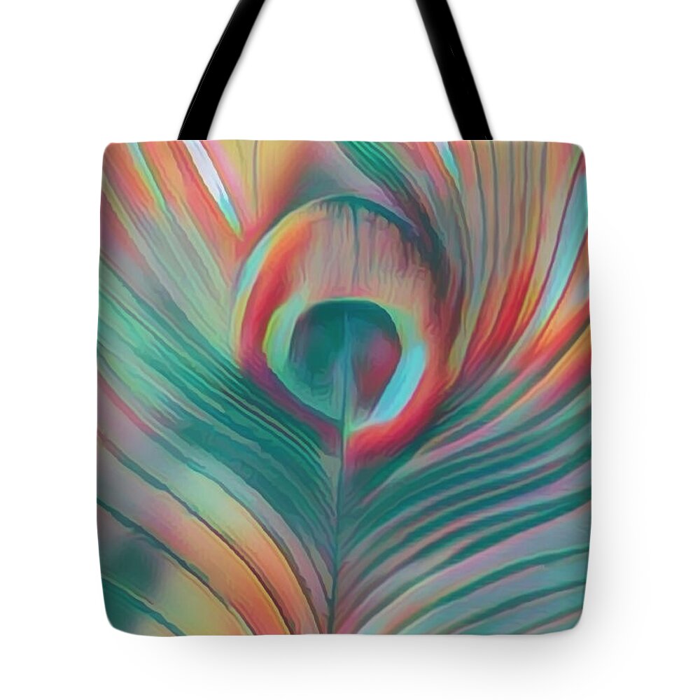 Bird Tote Bag featuring the photograph Colors of the Rainbow Peacock Feather by Debra and Dave Vanderlaan