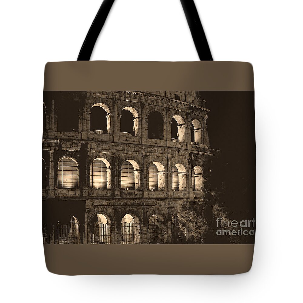 Rome Colosseum Tote Bag featuring the photograph Colosseum at Night in Sepia by Prints of Italy
