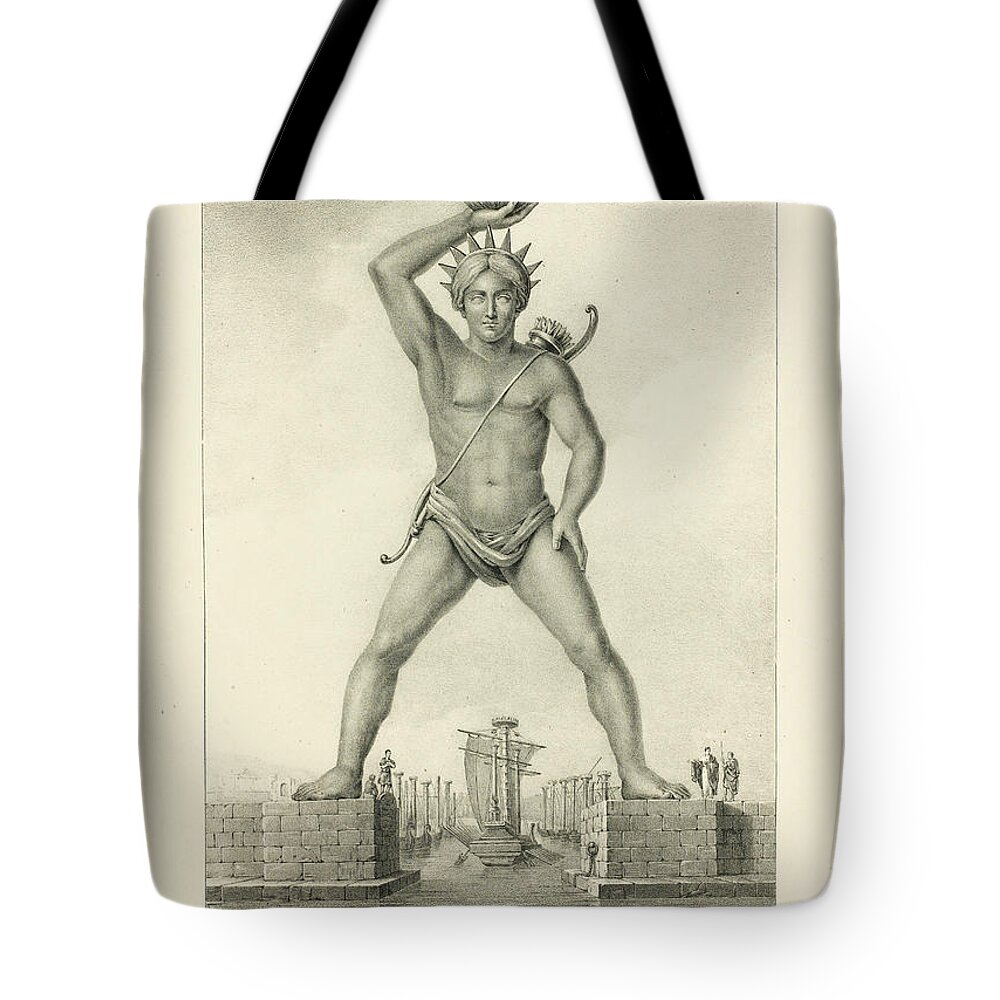 P J Witdoeck Tote Bag featuring the Colossus of Rhodes by P J Witdoeck