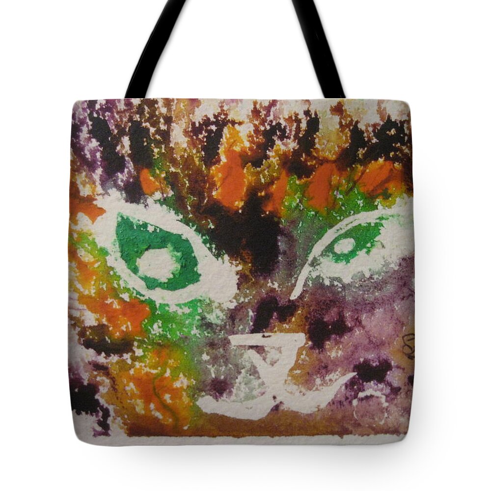 Orange Tote Bag featuring the drawing Colourful Cat Face by AJ Brown