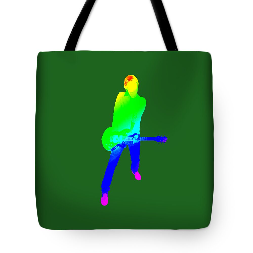 Green Tote Bag featuring the digital art colourful guitar player. Music is my passion by Ilan Rosen