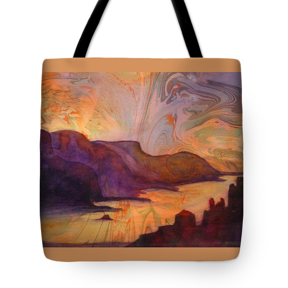 Oregon Tote Bag featuring the painting Columbia Gorge on Marbled paper by Denice Palanuk Wilson