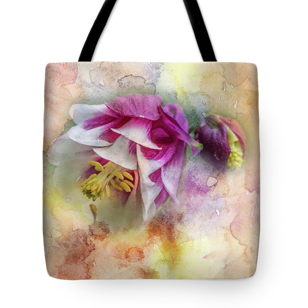 Columbine Tote Bag featuring the photograph Columbine Blossom in Magenta and White #1 by Carol Senske