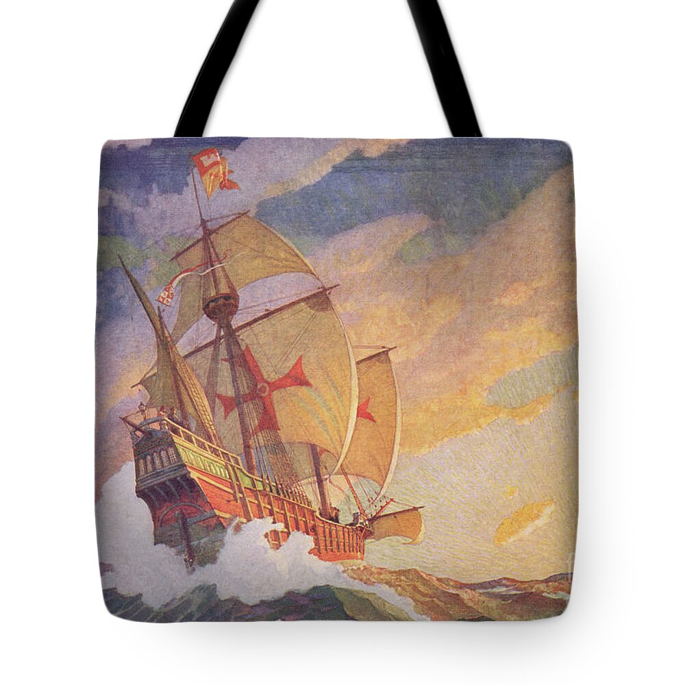 Columbus Crossing The Atlantic Tote Bag featuring the painting Columbus Crossing the Atlantic by Newell Convers Wyeth