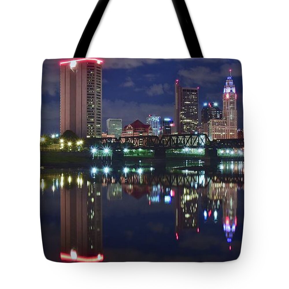 Columbus Tote Bag featuring the photograph Columbus Ohio Panorama over the Scioto by Frozen in Time Fine Art Photography