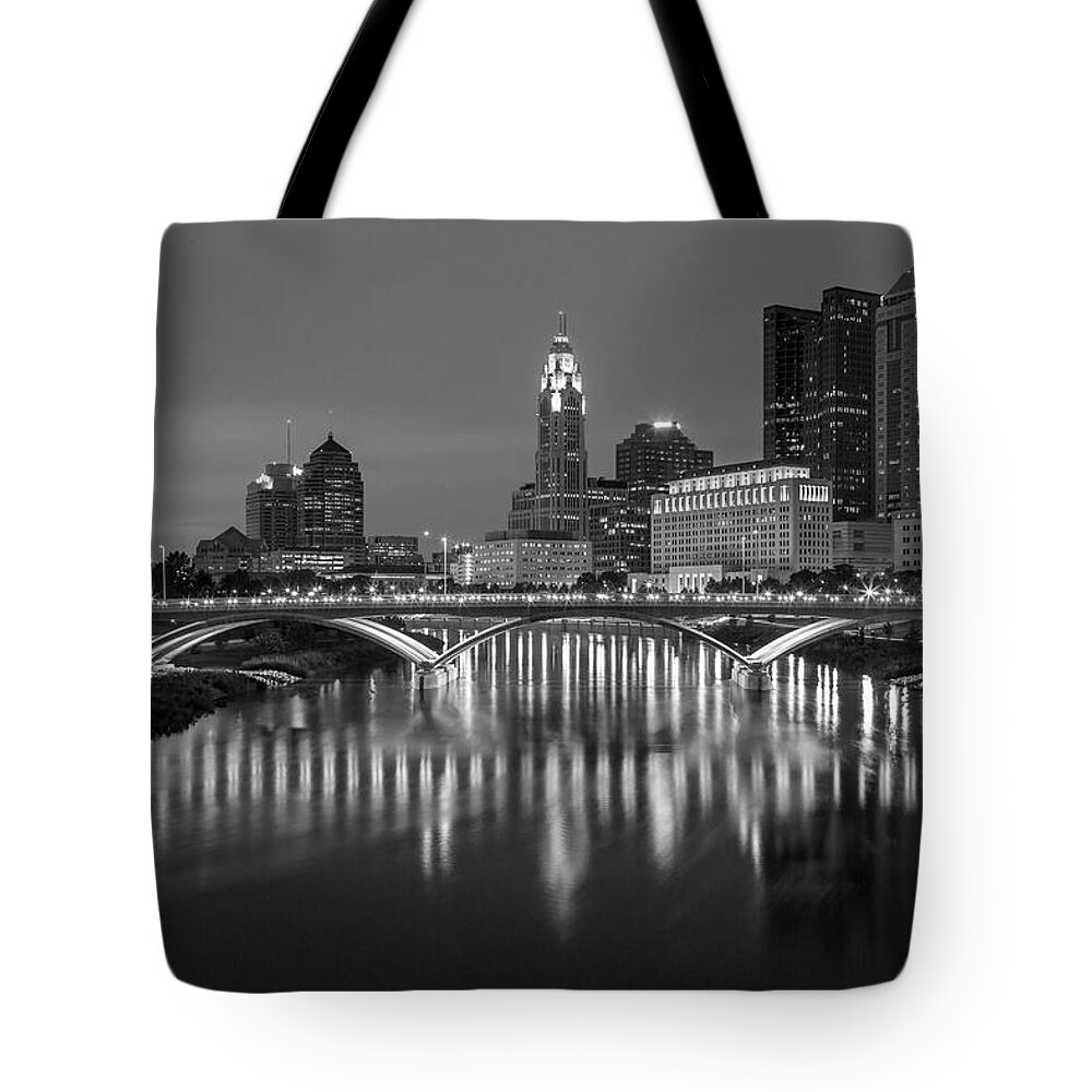 3scape Tote Bag featuring the photograph Columbus Ohio Skyline at Night Black and White by Adam Romanowicz