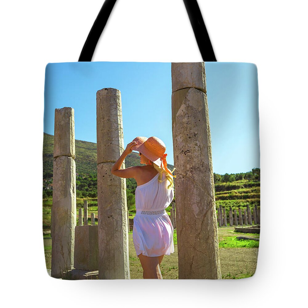 Greece Tote Bag featuring the photograph columns of Ancient Messene by Benny Marty