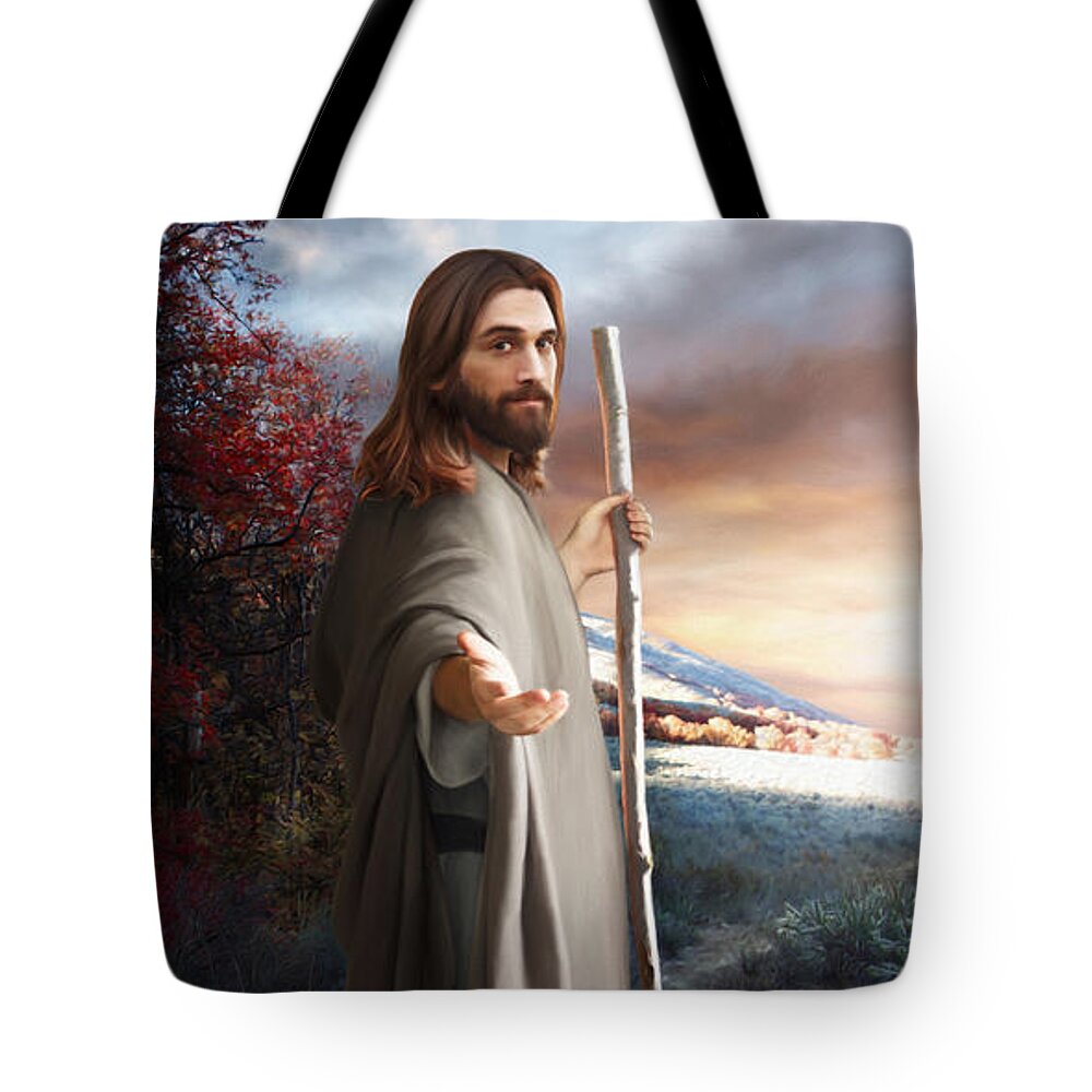 Christ Tote Bag featuring the painting Come Follow Me by Brent Borup