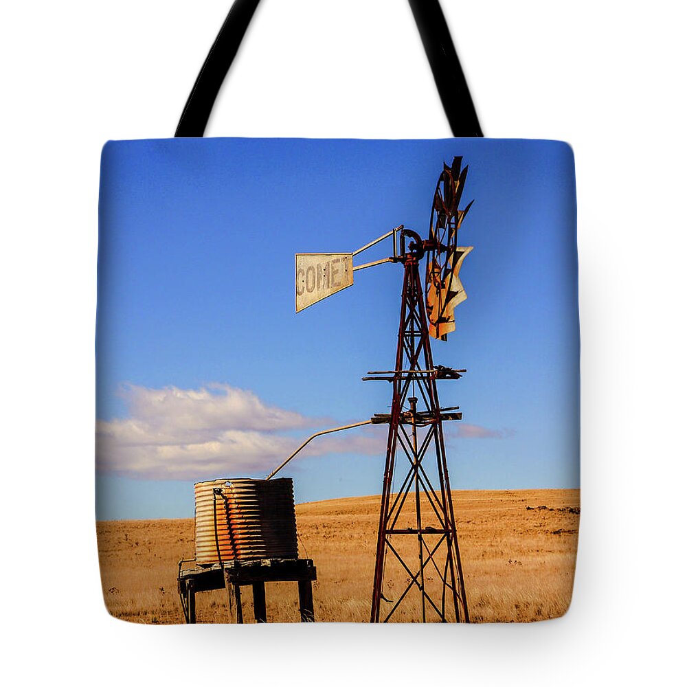 Old Water Windmill In Rural New South Wales Tote Bag featuring the photograph Meet Comet the Windmill by Lexa Harpell