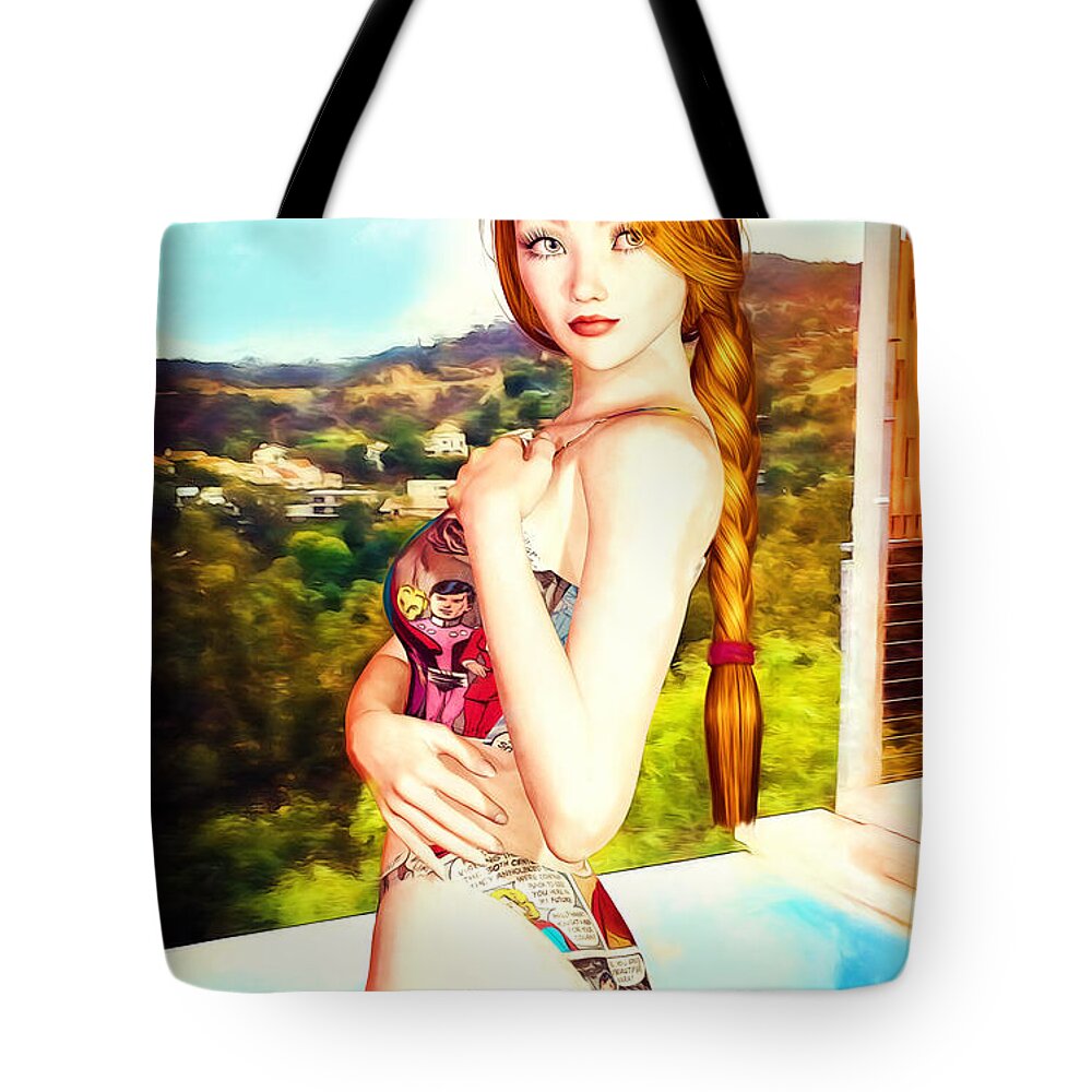 Pin-up Tote Bag featuring the digital art Comic Book Swimsuit PinUp in the Hollywood Hills by Alicia Hollinger
