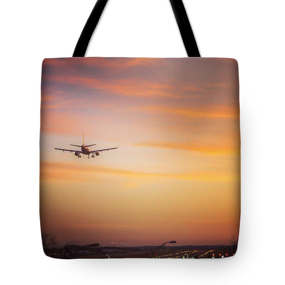 Airplane Tote Bag featuring the photograph Coming Home #airplane #sunset by Jerry Renville