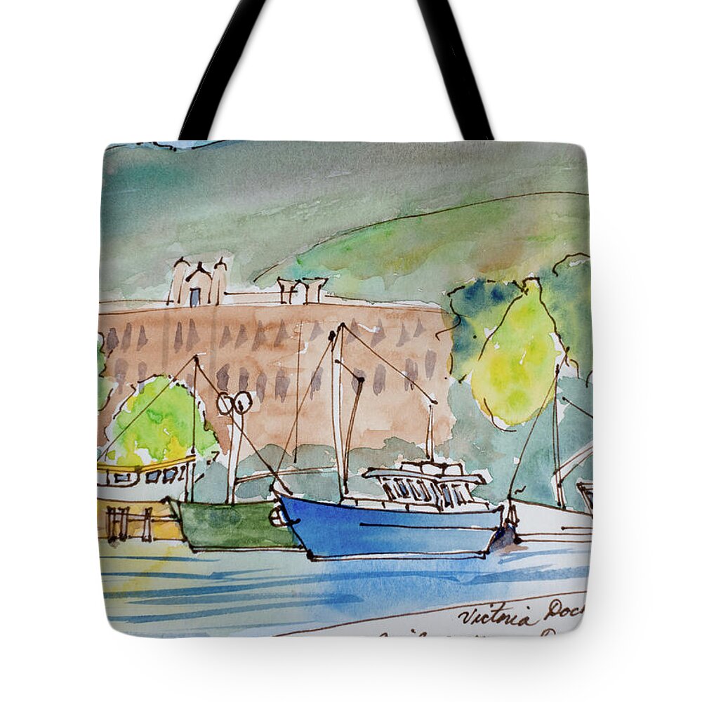 Australia Tote Bag featuring the painting Fishing Boats in Hobart's Victoria Dock #1 by Dorothy Darden