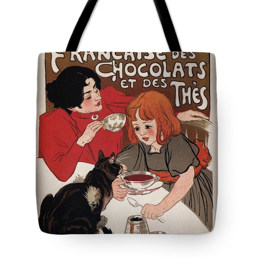 Chocolate Tote Bag featuring the mixed media Compagnie Francaise Des Chocolats Et Des Thes - Vintage Chocolate and Tea Advertising Poster by Studio Grafiikka