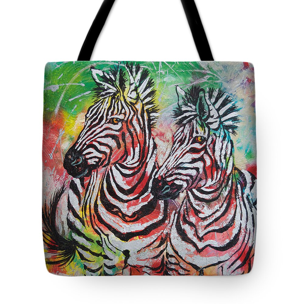 Zebras Tote Bag featuring the painting Companion by Jyotika Shroff