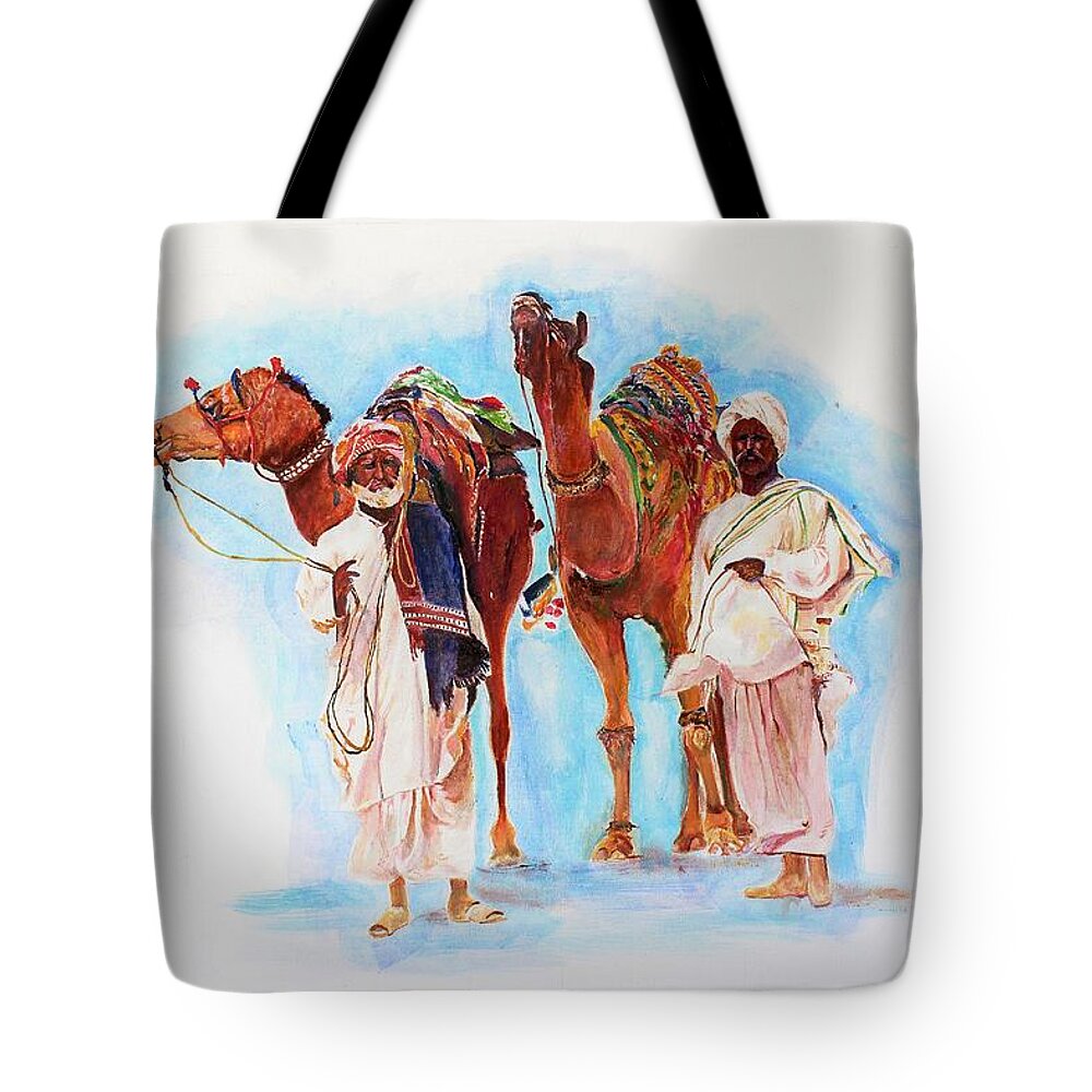 Camel Tote Bag featuring the painting Companionship by Khalid Saeed