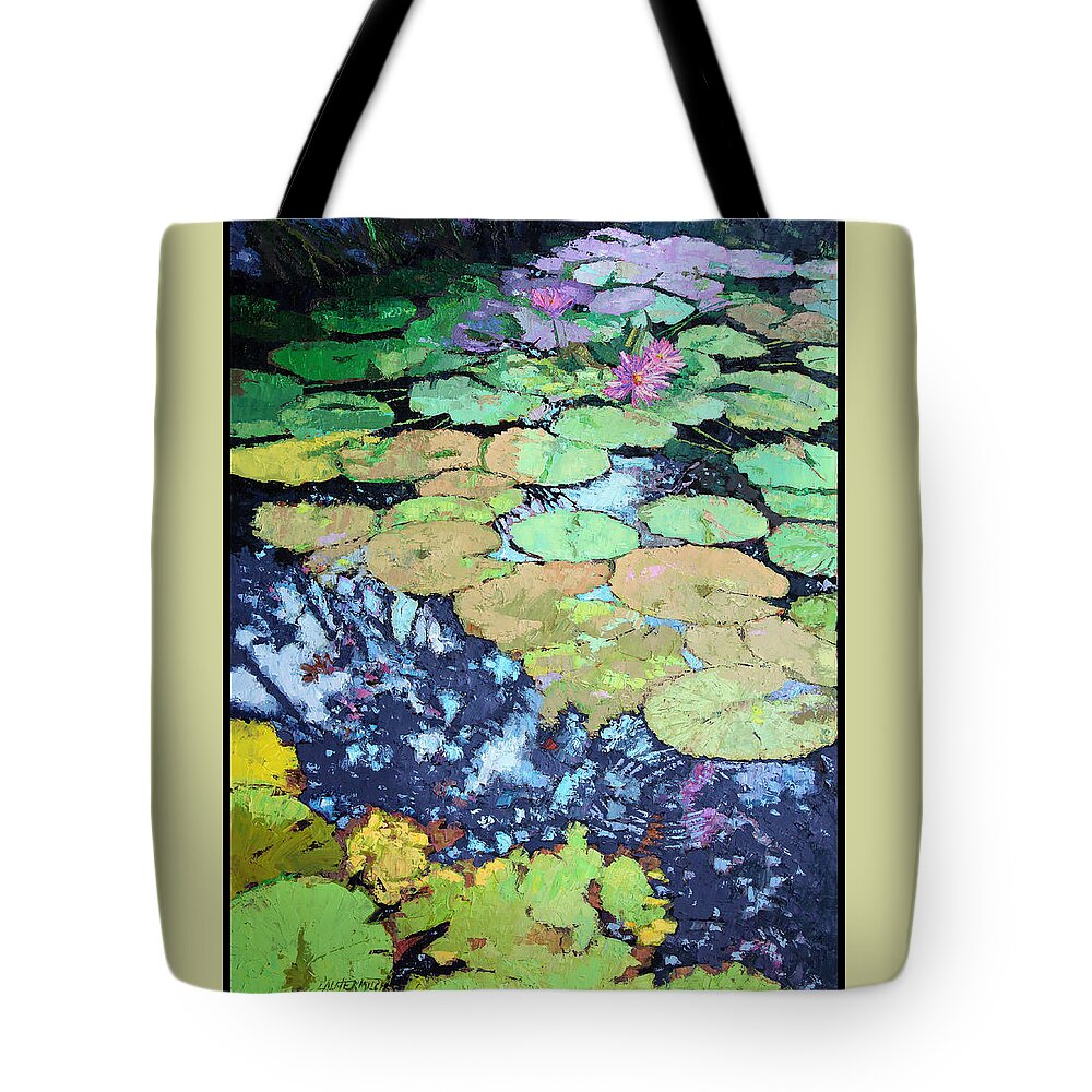 Lily Tote Bag featuring the painting Composition With Lily Pads by John Lautermilch