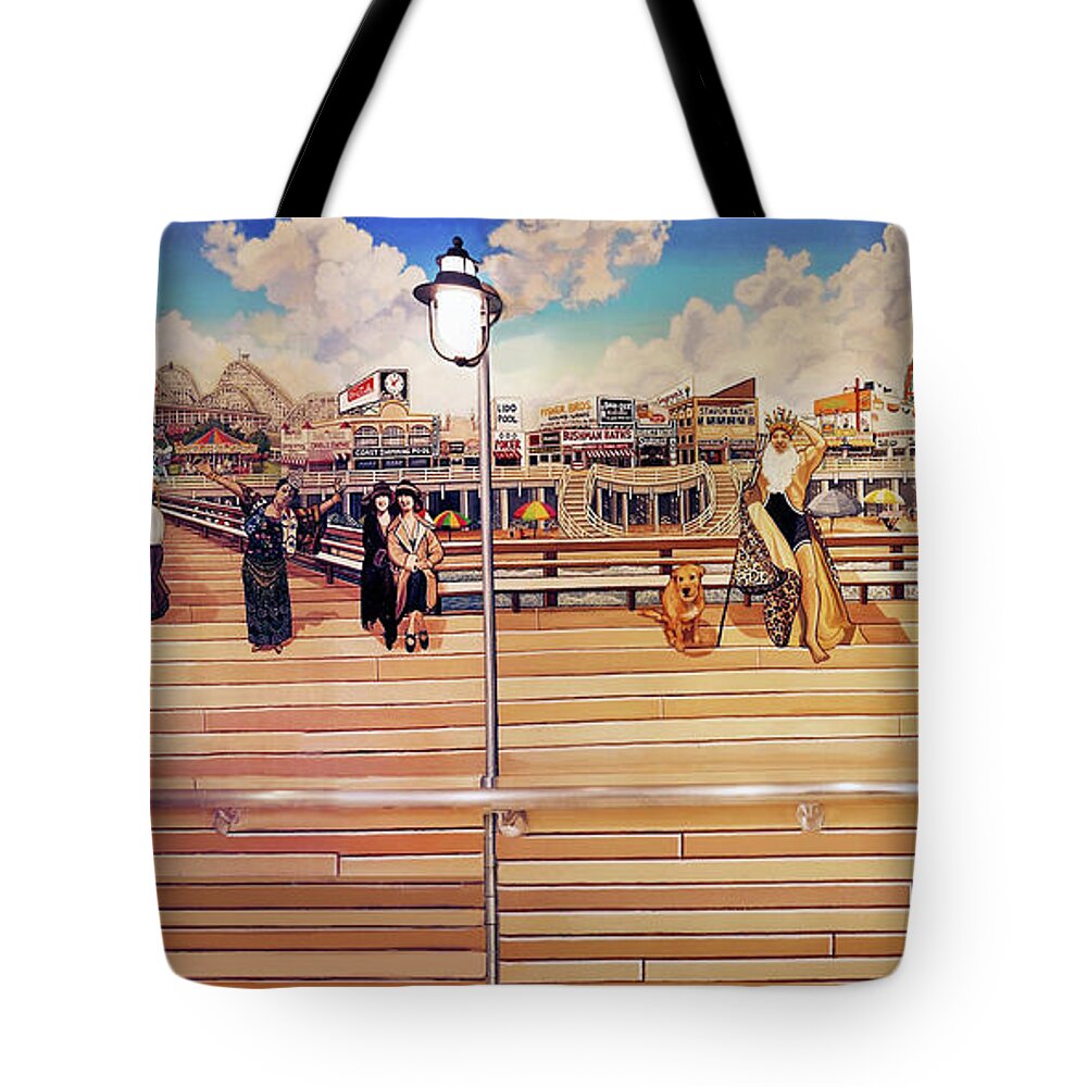 Coney Island Boardwalk Tote Bag featuring the painting Coney Island Boardwalk Towel Version cropped by Bonnie Siracusa