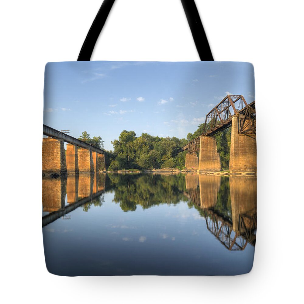 Congaree River Tote Bag featuring the photograph Congaree River RR Trestles - 1 by Charles Hite