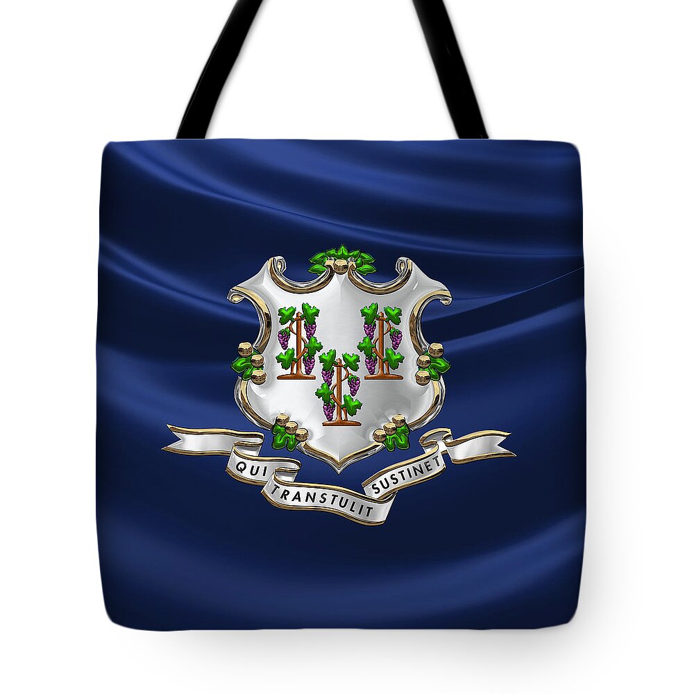 'state Heraldry' Collection By Serge Averbukh Tote Bag featuring the digital art Connecticut Coat of Arms over Flag by Serge Averbukh