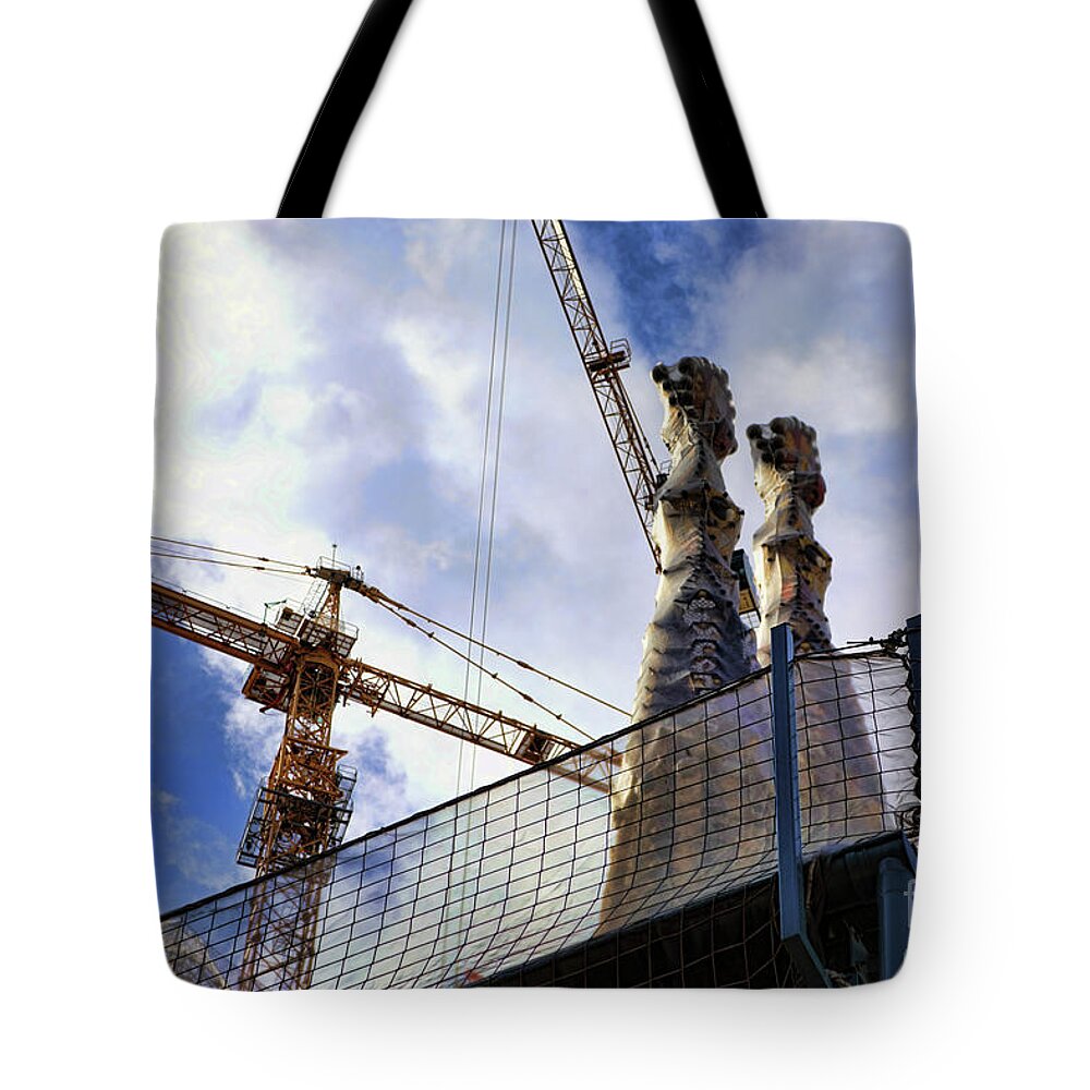 Antoni Gaudi Tote Bag featuring the photograph Construction Gaudi's Towers Church Spain by Chuck Kuhn