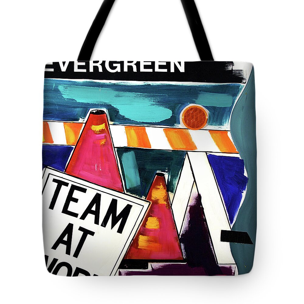 Road Signs Tote Bag featuring the painting Construction Signs 2 by Linda Holt