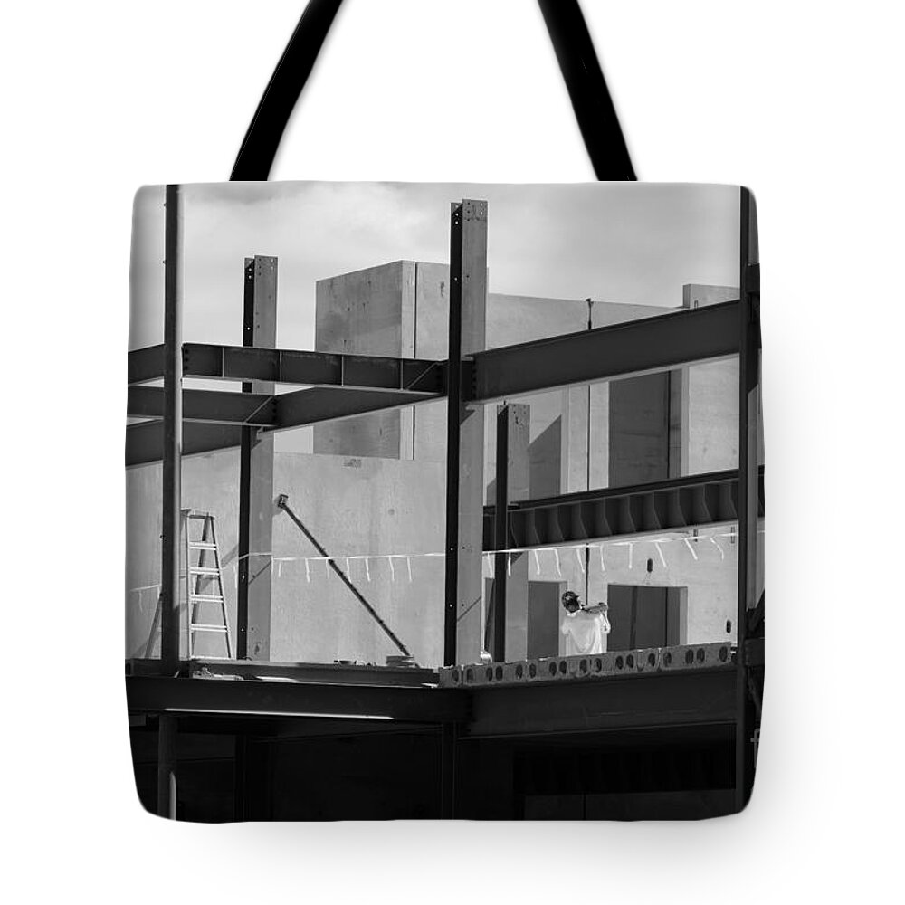 Construction Build Building Steel Iron Work Worker Workers Concrete Beam Beams Black White Monochrome Tote Bag featuring the photograph Construction Zone 2158 by Ken DePue