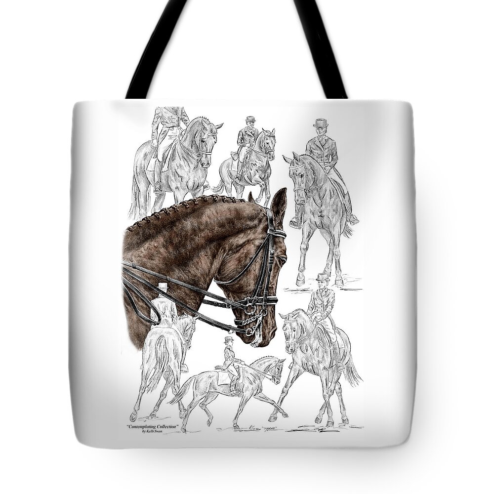 Dressage Tote Bag featuring the drawing Contemplating Collection - Dressage Horse Print color tinted by Kelli Swan