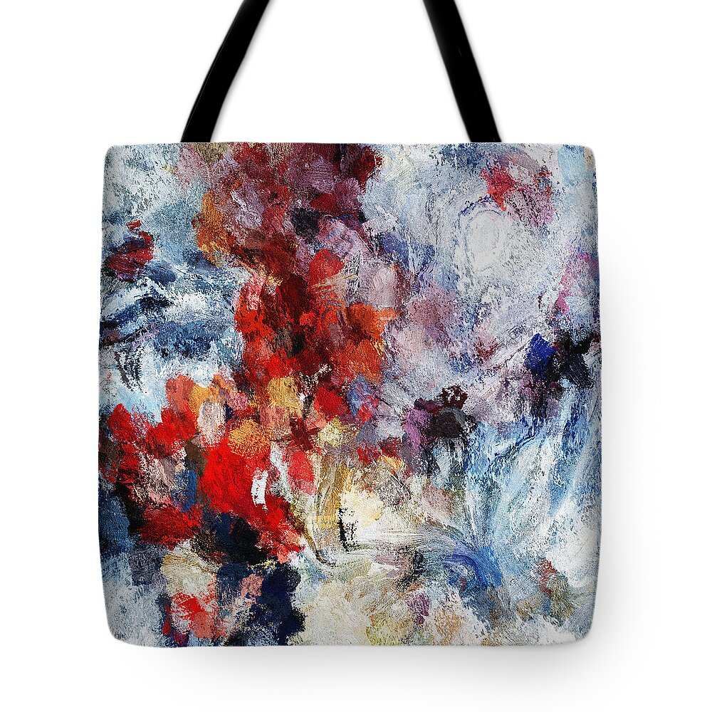 Abstract Tote Bag featuring the painting Contemporary Abstract Painting in Red / Orange Tones by Inspirowl Design
