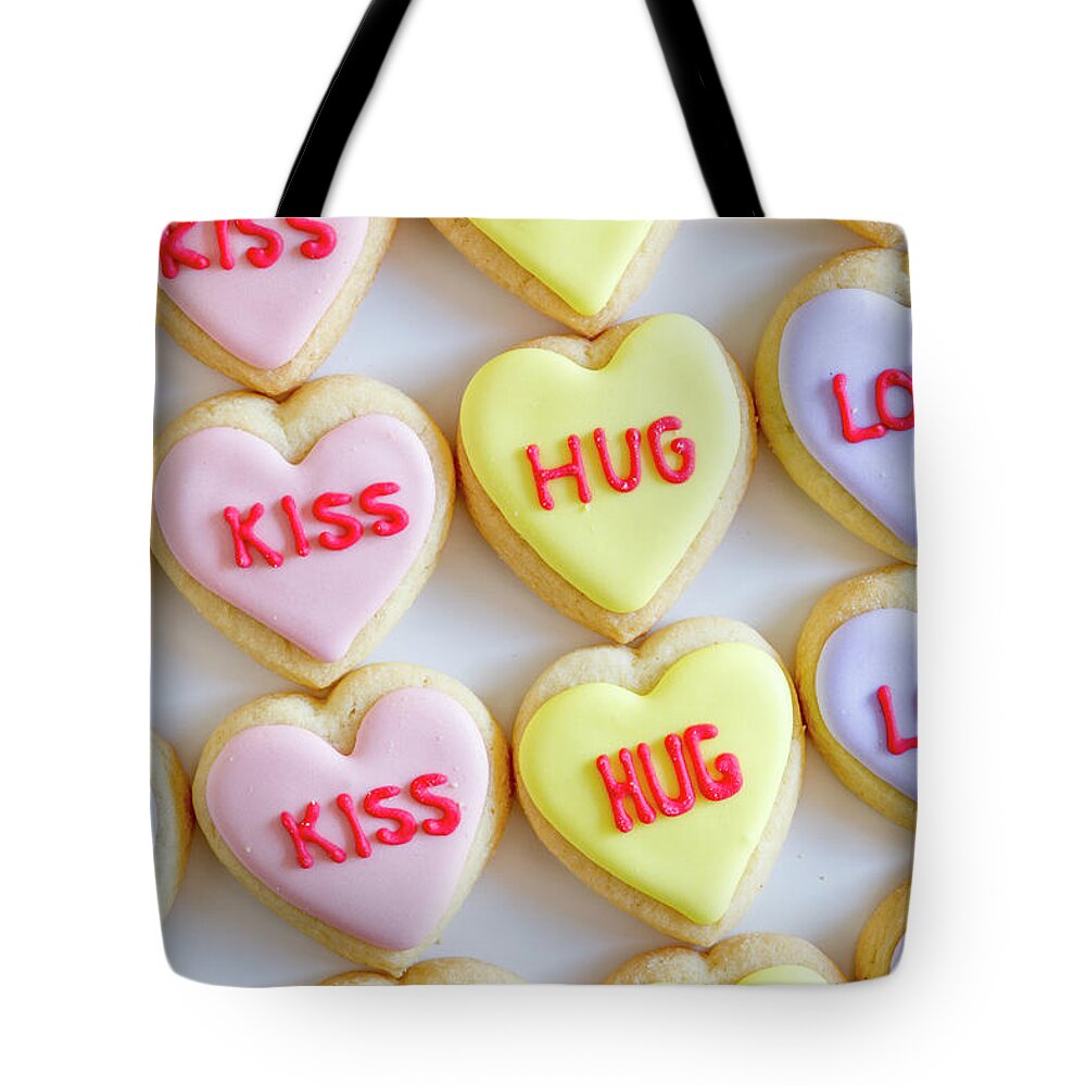 Valentines Day Tote Bag featuring the photograph Conversation Heart Decorated Cookies by Teri Virbickis