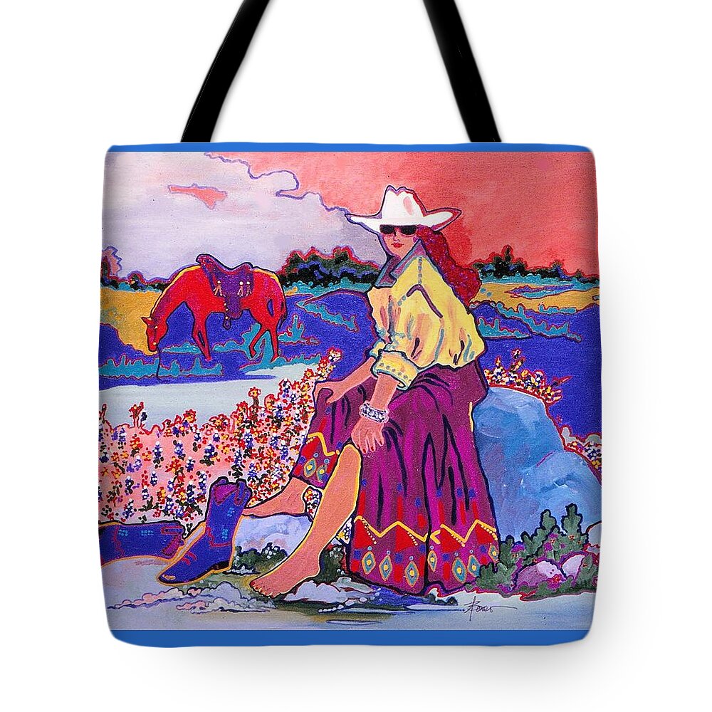 Cowgirl Tote Bag featuring the painting Cooling Their Heels by Adele Bower