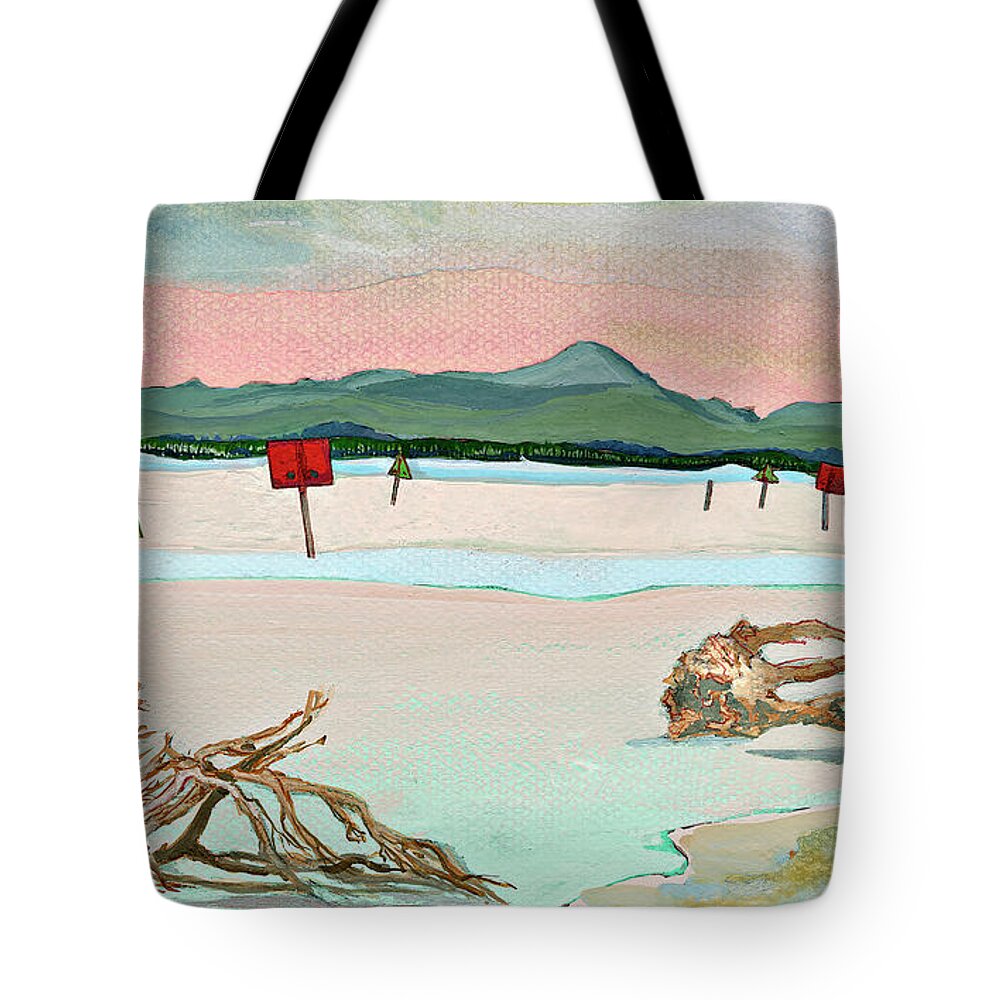 Noosa Lakes Water Landscapes Boating Subtropical Sunshine Coast Australia Tote Bag featuring the painting Cootharaba Dusk by Joan Cordell