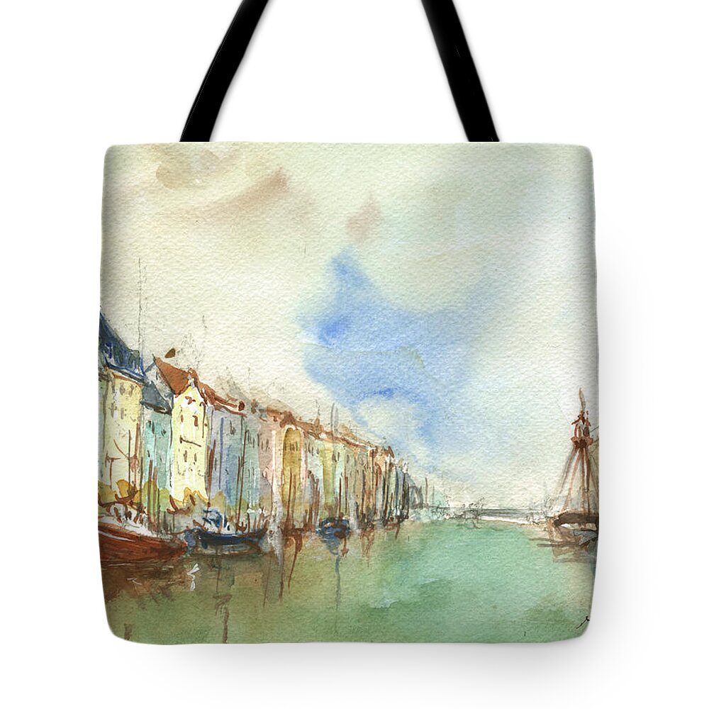 Copenhagen Tote Bag featuring the painting Copenhagen harbour by Juan Bosco