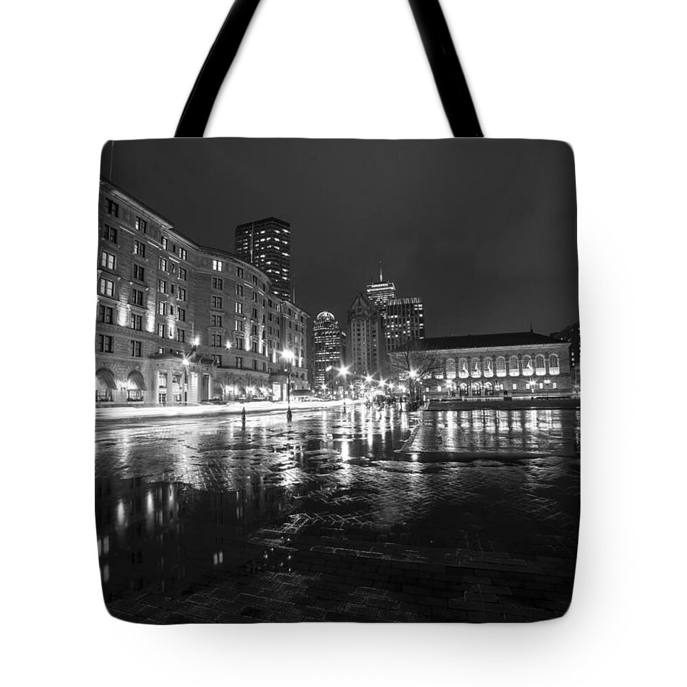 Copley Tote Bag featuring the photograph Copley Fairmont Boston Public Library Rainy Nights Black and White by Toby McGuire