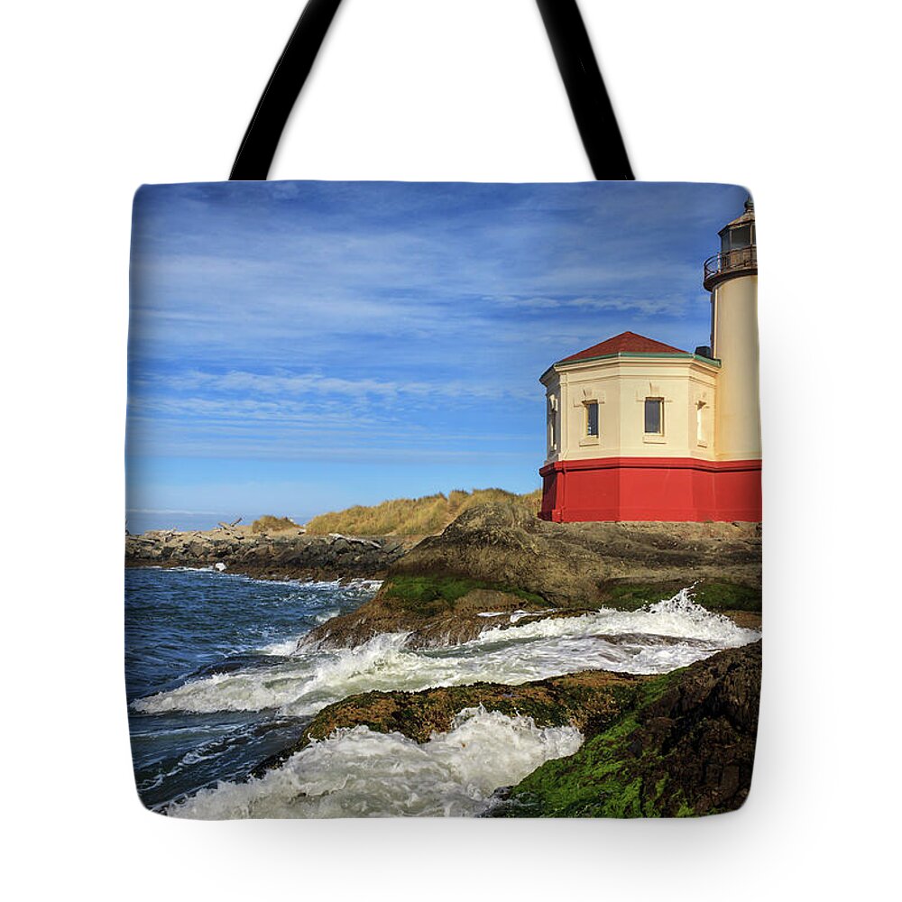Coquille River Tote Bag featuring the photograph Coquille River Lighthouse At Bandon by James Eddy