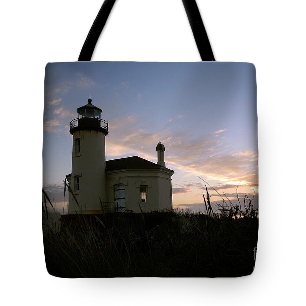 Denise Bruchman Tote Bag featuring the photograph Coquille River Lighthouse at Sunset by Denise Bruchman
