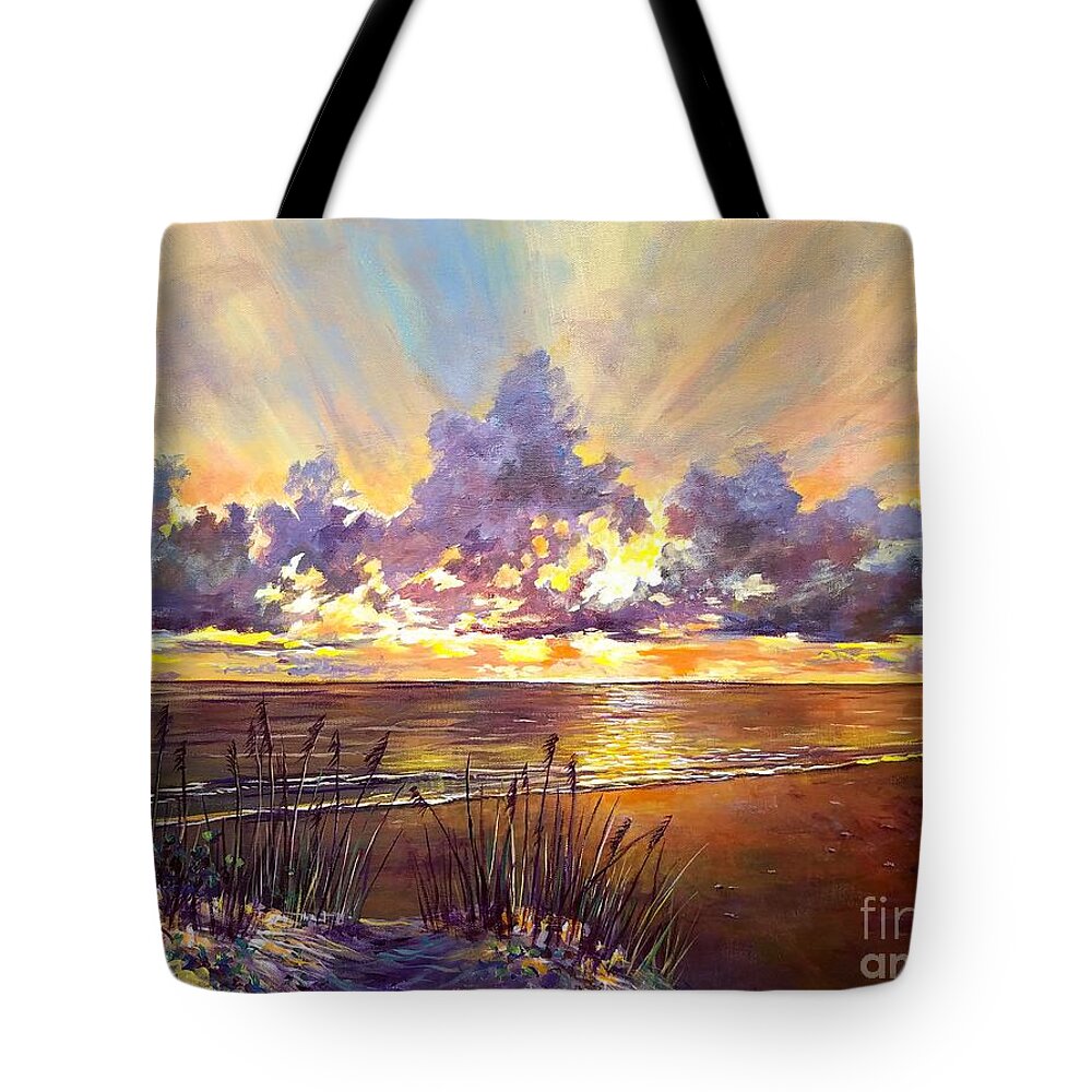 Coquina Beach Sunset Tote Bag featuring the painting Coquina Beach Sunset by Lou Ann Bagnall