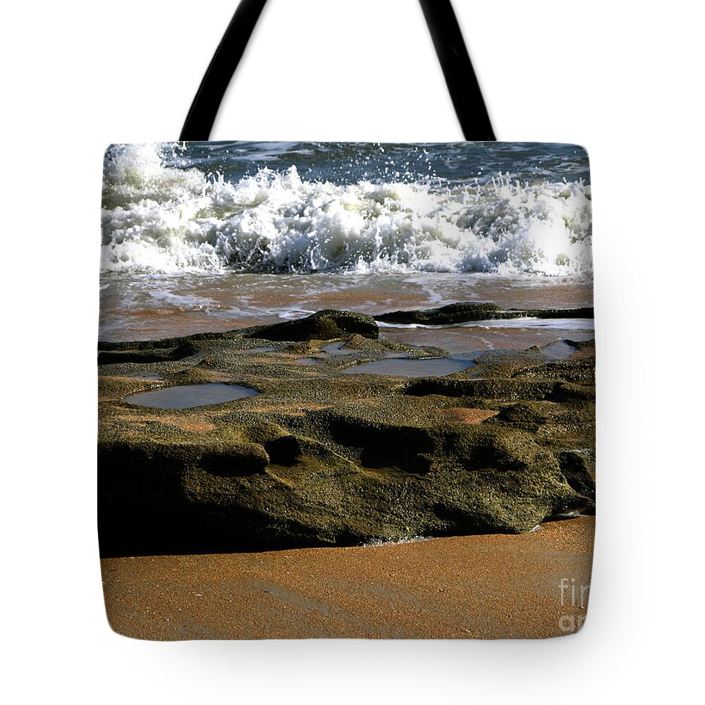 Seashore Tote Bag featuring the photograph Coquina rock with wave 2-8-15 by Julianne Felton