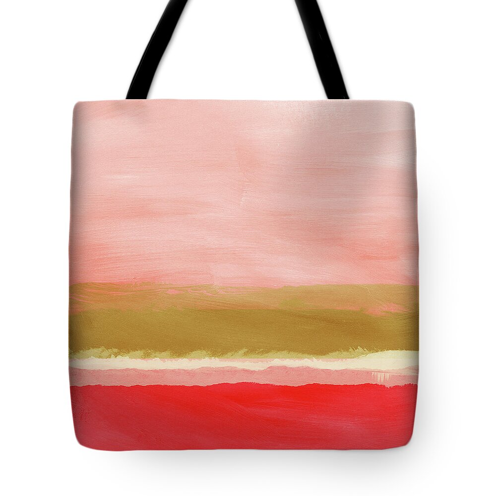 Landscape Tote Bag featuring the mixed media Coral and Gold Landscape- Art by Linda Woods by Linda Woods