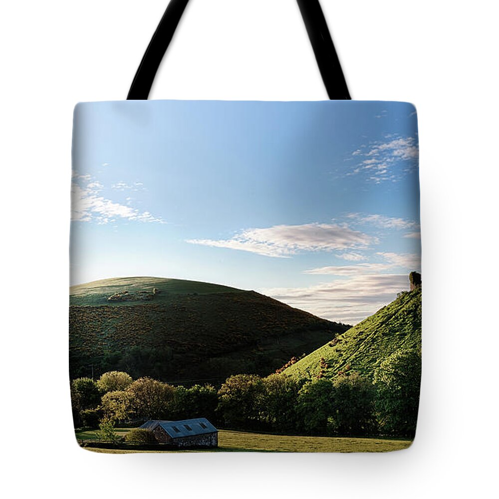 Corfe Castle Tote Bag featuring the photograph Corfe Castle morning panoramic by Simon Bratt